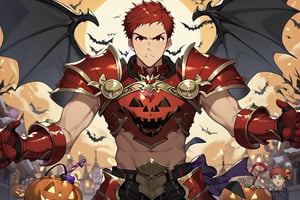 Climb, score_9, score_8_up, score_7_up,, masterpiece, best quality, best aesthetic, 1boy, ((solo)), male focus, red hair, red eyes, short-hair, red armor, red gauntlets, red pumpkins shoulder armor, Spooky breastplate, red armored bootsoutdoors,  (Halloween party:1.4), (Halloween decoration:1.4), black bat wings, serious face, angry, wrathful 