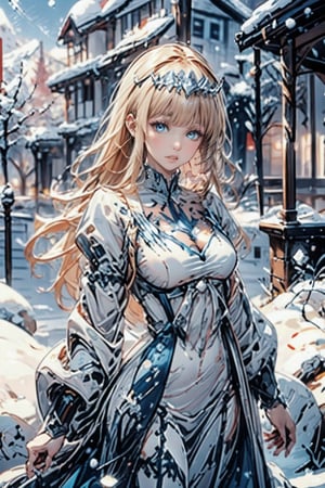 1girl, solo, , looking at viewer,, standing, , cowboy shot, outdoors, parted lips, sky, day, , , cloud, , , blue sky, lips, , , , wind, , snow,, snowing, pink lips, mountain, motion blur, winter , Calca, , calca, blonde hair, medium chest, extremely long hair, very long hair, extra long hair, white tiara, white dress, blue eyes,Calca Bessarez