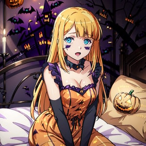 : (masterpiece), (best quality), 8k illustration, , 1girl, solo, orange dress, orange outfit, Halloween uniform indoors, , Halloween bedroom, do laundry, preparing bed, , tuare, blue eyes, long hair, , blonde hair orange pillow, Halloween theme, , (Halloween party:1.4), (Halloween decoration:1.4),