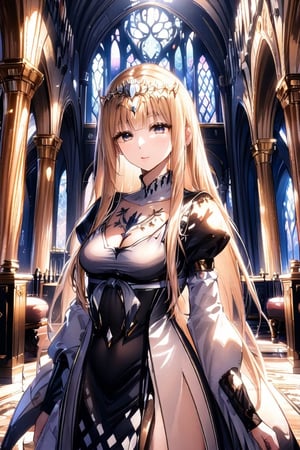 Beautiful girl, detailed image, detailed skin, upper body, looking at viewer.  Luxurious palace in background, blurry background, ((masterpiece: 1.2)), light particles, stunning image, Anime style.