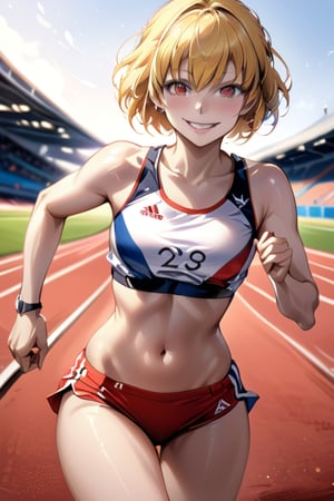  athletic clothes, looking at viewer, running, she is running on an athletic track, France 2024 Olympics///digital art, professional style, detailed image, detailed skin, blush, realistic eyes, ((masterpiece quality: 2)), light particles, attractive image, ,Clementine \(overlord\), short hair, yellow hair, red eyes, slim body, sexy body, smile