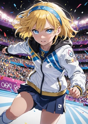 detailed illustration, dynamic angle, ultra-detailed, illustration, 1girl,, white and blue jacket, medium, Olympic Awards Ceremony, olympic competition,, bright eyes,archie, overlord, Arche, blue eyes, yellow hair, black headband, short hair