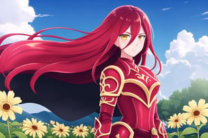 1girl, solo, looking at the viewer, closed mouth, , flower, , outdoors, sky, day,, cloud, , , , tree, blue sky, , nature, , yellow flower, 1girl, yellow eyes, red hair, extremely long hair, red armor, hair between eyes, black cloack,Rubedo