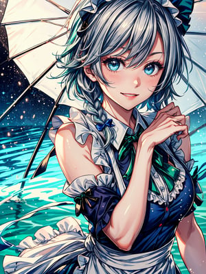 ((masterpiece, best quality, highres:1.2)) centered, close-up, 1girl, mature female,,  glossy lips, crazy smile, glowing eyes, looking at the camera, dual-tone light source, colorful set, backlight, body up, makeup, glow sparkle, light summer dress,  water drops in the skin,,izayoi_sakuya_touhou, solo, ,izayoi_sakuya_touhou, Sakuya, Sakuya Izayoi, blue maid outfit, white apron, white maid headband, silver hair, two braided hair, short hair, blue eyes, blue eyes, two green ribbons on her braided hair, green bowtie, braid,, twin_braids