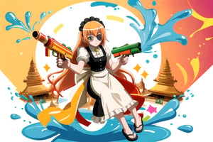 //Quality, (masterpiece), (best quality), 8k illustration,
//Character,
1girl , solo,

,cz2128 delta, pink color hair, orange color hair, peach color hair, black eyepatch on right-sided eyes, green eyes, maid outfit, holding gun, machine gun,Songkran Festival,

water splash, water festival, water gun, sand castle, water bucket, golden pagoda, golden temple, festival flags, effect of flowing water, colorful style, Thailand decoration, colorful swimming glasses, water effect