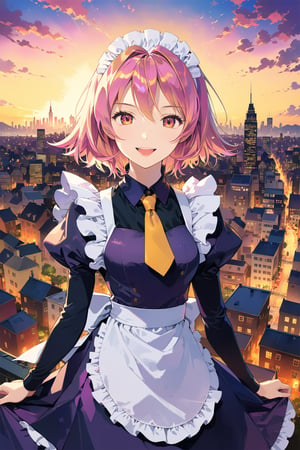 Very beautiful girl  masterpiece, illustration, extremely detailed, beautiful detailed eyes, beautiful detailed mouth, warmly smile, golden hair, (bright colors:1.4), city on background , 1girl, solo, dark purple maid dress, white apron, white maid headband, yellow double necktie, puffy sleeve, long sleeve, dark pink hair, sidelock, short hair, dark pink eyes