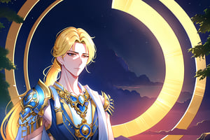 The background of the picture is a luxurious ancient city. Detailed eyes, detailed image, and a proportional and beautiful body. It's nighttime. upper body,Hyouka,1male,solo,blonde hair,brown eyes,one-sided braid,very long braided hair,one shoulder armor, handsome man, 25 years old, serious face