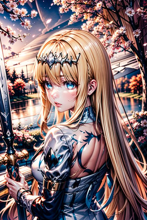 ,viewed from behind,best quality,aesthetic,perfect face,expressive eyes,((upper body)),hand moving hair, , parted lips, autumn,sakura flower petals falling,sakura tree,complex, dramatic lighting, rim lighting,outdoors, sunset,holding sword over shoulder,sword behind back, sword running down back, 1girl, solo, Calca, Calca Bessarez, blonde hair, extremely long hair, very long hair, white tiara, white dress, blue eyes, medium chest