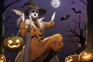 (masterpiece), (best quality), 8k illustration, , 
, 1male, solo, , Neutral mask, face man, four fingers, dark eyes, orange hat, orange trench coat, orange German soldier uniform, black necktie, orrange boots, pandora's actor, open mouth, black mouth, Pandora's Actor, salute pose,  (Halloween party:1.4), (Halloween decoration:1.4), pumpkin, bat, death tree, grave yard, outdoor, Horror atmosphere,, masterpiece, best quality, outdoor, graveyard, tomb, night time, full of ghost, surrounded by ghost