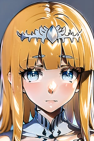 best quality, ultra high res, looking at viewer, full body, facing front,ARISTYLE4, 1girl, solo, Calca, Calca Bessarez, blonde hair, (extremely long hair:1.3), very long hair, (white tiara:1.2), white dress, blue eyes, medium chest, extremely long hair, medium breast,yellow hair color, close up, upper body