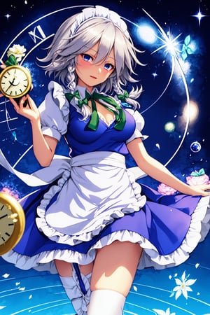 beautiful girl.,izayoi_sakuya_touhou, Sakuya, ,, ,, Sakuya, Sakuya Izayoi, blue maid outfit, white apron, white maid headband, silver hair, two braided hair, short hair, blue eyes, blue eyes, two green ribbons on her braided hair, green bowtie, braid,izayoi_sakuya_touhou