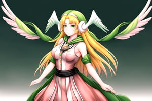 1girl, solo, long hair, looking at viewer, cowboy shot, ,  gradient background, expressionless, arms at sides,  , Divine Chant, 4th Seat of the Black Scripture, blonde hair, green eye, pink dress, green hood, very long hair, 1girl, angelwing-shaped earmuffs