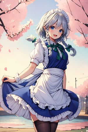 masterpiece, best quality, highres, standing, cowboy shot, leaning forward, arms behind back, outdoors, cherry blossoms, smile, open mouth, izayoi_sakuya_touhou, 1girl, solo ,Sakuya, , Sakuya Izayoi, blue maid outfit, white apron, white maid headband, silver hair, (two braided hair), short hair, blue eyes, blue eyes, (two green ribbons on her braided hair:, green bowtie,braid