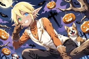 Aura Bella Fiora \(overlord\), 1girl, solo, short hair, blonde hair, hair between eyes, blue eyes, green eyes, heterochromia, pointy ears, dark skin, elf, ahoge, 
orange shirt, long sleeves, brown gloves, jewelry, white vest, black pants, brown footwear, 
smile,, fingersmile, night, (Halloween theme:1.4), (Halloween decoration:1.4), 
death forest, upper body, Sitting on a tree branch. double Peace sign, skeleton birds around, (skeleton dogs:1.4)
score_9,score_8_up,score_7_up,source_anime, from below, leaning forward, dutch angle, 