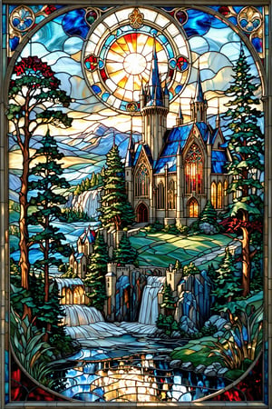 A stunning stained glass artwork of a majestic castle or cathedral situated amidst a serene landscape. The castle features intricate designs, with gothic arches, colorful stained glass windows, and ornate detailing. The surrounding environment is lush, with tall trees, flowing waterfalls, and a calm river. The colors used in the artwork are vibrant, with shades of blue, green, red, and gold dominating the scene. The castle's architecture is complemented by the natural beauty of the landscape, creating a harmonious and enchanting scene.