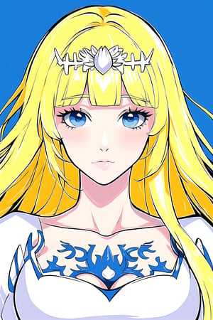 flower power combines with psychedalic colours, 1girl, solo, Calca, Calca Bessarez, blonde hair, (extremely long hair:1.3), very long hair, white tiara, white dress, blue eyes, medium chest, medium breast, yellow hair color