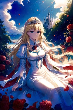 1girl, solo, , flower, female focus, , petals, rose, red flower, red rose,, rose petals, , Calca, calca, blonde hair, long hair, medium chest, extremely long hair, very long hair, extra long hair, white tiara, white dress, blue eyes,Calca Bessarez