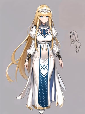 //Quality,
masterpiece, best quality
,//Character,
1girl, solo
,//Fashion,
,//Others,
Calca, blonde hair, long hair, white tiara, white dress, blue eyes, character sheet, mono color background