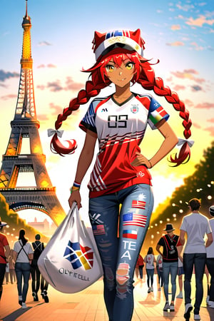 On a splendid sunny day, at the foot of the Eiffell Tower, cheer for her national team at the Olympics, a white t-shirt with the five Olympic rings and a pair of jeans, in one hand she holds a skull flag., lupusreginabeta, very long red hair, yellow eyes, twin braids, dark-skinned female, black hat, maid dress, , yellow eyes, double braided hair