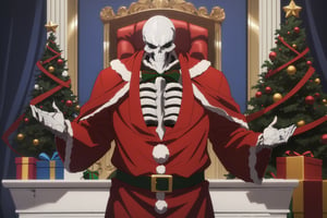 santa, intricate design, santa costume, (santa's home, decorate santa house, Decorate the Christmas tree), Christmas, High quality, , (Beautiful), ((masterpiece)), vibrant colors, skeleton, solo, 1boy, male focus, bone, ribs, full body, orb, raising your hand with a gift, tall body