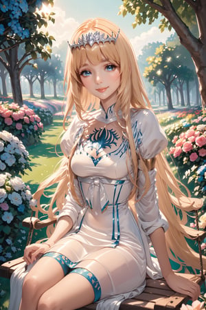 (best quality, highres),beautiful detailed eyes,beautiful detailed lips, long eyelashes, soft facial features, cute smile, looking at, flower garden background, sitting on a swing, vibrant colors, pleasant lighting, artistic rendering,(The cutest girl in the world:1.5), 1girl, solo, Calca, Calca Bessarez, blonde hair, (extremely long hair:1.3), very long hair, white tiara, white dress, blue eyes, medium chest,