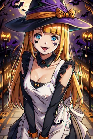 masterpiece,best quality,1girl, ,smile, Halloween kitchen, looking at viewer, smile,, 1girl, solo, orange maid dress, , long hair, blonde hair, blue eyes, tuare, tuareninya,, (Halloween party:1.4), (Halloween decoration:1.4), preparing Halloween food 