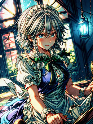 ((masterpiece, best quality, highres:1.2)) centered, close-up, 1girl, mature female,,  glossy lips, crazy smile, glowing eyes, looking at the camera, dual-tone light source, colorful set, backlight, body up, makeup, glow sparkle, light summer dress,  water drops in the skin,,izayoi_sakuya_touhou, solo, ,izayoi_sakuya_touhou, Sakuya, Sakuya Izayoi, blue maid outfit, white apron, white maid headband, silver hair, two braided hair, short hair, blue eyes, blue eyes, two green ribbons on her braided hair, green bowtie, braid,, twin_braids, maid_headdress