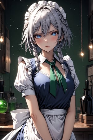 Beautiful girl. detailed image, detailed skin, upper body, standing, looking at the viewer, glowing eyeswater drop, ((masterpiece: 1.2)), light particles, ink droplets in background. 1girl, solo,Sakuya,Sakuya Izayoi,blue maid outfit,white apron,white maid headband,silver short hair,two braided hair,blue eyes,green ribbons on her braid,big green bowtie