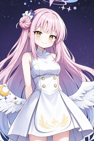 1girl, cute, closed mouth, smile, (arms behind back), standing,aamika, white dress, yellow eyes, pink hair, very long hair, halo, angel wings, lower wings, tighthigh