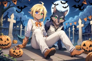 score_9,score_8_up,score_7_up,source_anime,BREAK,Aura Bella Fiora \(overlord\),short hair, blonde hair, hair between eyes, blue eyes, green eyes, heterochromia, pointy ears, dark skin, elf, ahoge, Halloween shirt, long sleeves, Halloween gloves, , white vest, white pants, orange footwear, 1girl, (Halloween party:1.4), (Halloween decoration:1.4), grave yard, night time, skeleton around, Haunted house, Ghostly fog, (black wolf:1.4), playing with the wolf