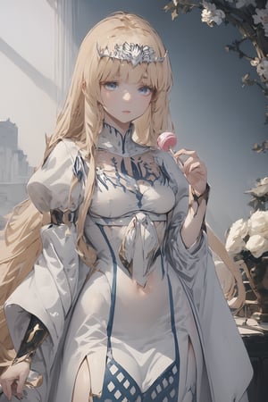 Masterpieces, beautiful details, perfect focus, 8K wallpaper, high resolution, exquisite texture, cowboy shot, holds lollipops, 1girl, solo, Calca, Calca Bessarez, blonde hair, (extremely long hair:1.3), very long hair, white tiara, white dress, blue eyes, medium chest,