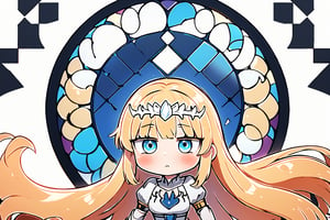 cute, Stained glass background, chibi girl, running up to viewer, look at viewer, dynamic angle,  1girl, solo, Calca, Calca Bessarez, blonde hair, (extremely long hair:1.3), very long hair, white tiara, white dress, blue eyes,