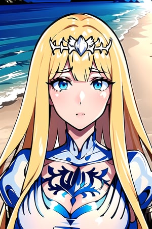  best quality, high resolution, unity 8k wallpaper, (beautiful detailed eyes:1.6), extremely detailed face, perfect lighting, extremely detailed CG, (perfect hands, perfect anatomy), busty, beach, 1girl, solo, Calca, Calca Bessarez, blonde hair, (extremely long hair:1.3), very long hair, white tiara, white dress, blue eyes, medium chest

