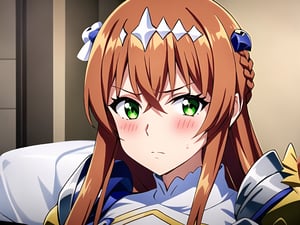 anime screencap, 1girl, , beautiful mature woman, solo focus, blush, makeup, looking at the viewer, expressive face detail, expressive face expression, ,, on the bed,, masterpiece, best quality, high quality,Lightbringer,Neo Elma,orange hair,very long hair,green eyes,hair ornament,silver armor,female knight,gauntlet, 25 years old, mature female, serious face, , (white lozenge-shaped hair ornaments:1.3)