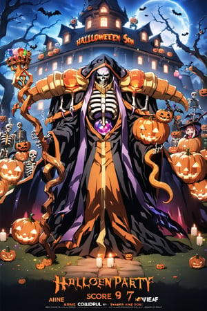 score_9, score_8_up, score_7_up, score_6_up, source_anime, best quality, masterpiece, colorful, very aesthetic, anime, BREAK   ainz ooal gown, skeleton, lich, orange dark robe, orange dot eyes, overlord, so-bin style, teeth, hood, orange magic, enchanted, orange guild staff, orange Halloween staff  with snakes  and jewels,ainz ooal gown \(overlord\), Movie Poster, MoviePosterAF, (Halloween party:1.4), (Halloween decoration:1.4), pumpkin, bat, death tree, grave yard, outdoor, Horror atmosphere, Halloween poster