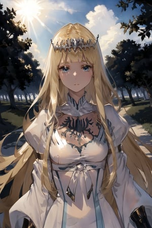 Ragecore, Precisionism
scenery, background, masterpiece, best quality, aesthetic, oil painting \(medium\), portrait,
light rays, day, shadow, dappled sunlight, ,1 girl, solo, Calca, Calca Bessarez, blonde hair, (extremely long hair:1.5), very long hair, white tiara, white dress, blue eyes, extremely long hair, medium breast, yellow hair color,1girl