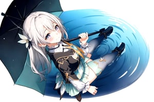 1girl,firefly \(honkai: star rail\),grey hair,long hair,purple eyes,closed mouth,light smile, black thighhighs, best quality, masterpiece, highres, intricate details, looking slightly shyly to the side, dynamic angle, from side, from above, 1girl, solo, holding {transparent umbrella}, looking at viewer, blush, frilled shirt, lacing sleeves, miniskirt, boots, white background, ray tracing, blue light, {waterdrops}, ripples, reflection, light particles, bokeh,