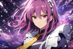 Beautiful girl.  detailed image, looking at viewer, beautiful eyes, , water drop, ((masterpiece: 1.2)), light particles, ink droplets in background,1girl,dark purple maid dress,white apron,white maid headband,yellow double necktie,long sleeve,dark pink hair,sidelock,short hair,dark pink eyes, 25 years old, serious face