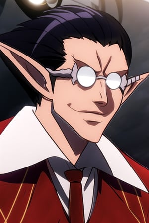 best quality,  masterpiece,  red suit,  red trouser,  red Necktie,  Silver Round Glasses,  short hair,  pointy ears,  black hair,  Diamond Eyes,  long metal tail,  black gloves,  demiurge,,