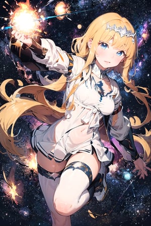 This artwork portrays an anime-style character in a dynamic pose,  in a cosmic wind. The character's fist is extended towards the viewer, suggesting an action scene, perhaps a punch being thrown. A radiant burst of energy, reminiscent of a nebula, emphasizing the movement. The backdrop features a star-studded space, adding to the celestial theme. highlighting the intensity of the scene. Their determined expression, marked by piercing blue eyes, conveys a sense of focused power and ferocity. Energy ribbons and particles cascade around the character, contributing to the overall sensation of explosive force and dynamism in the composition, calca, blonde hair, extremely long hair, white tiara, medium breast, very very long hair, 2 meters hair, knee-length hair, 