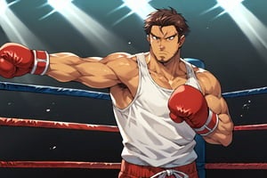 score_9, score_8_up, score_7_up, score_6_up, BREAK source_anime,, tank top, boxing male, boxing ring, boxing gloves,Gazef Stronoff, dark brown hair, short hair, 45 years old, beard, muscle body, black eyes, boxing gear, serious face