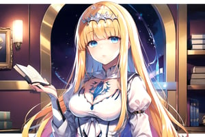 //Quality,
(masterpiece), (best quality), 8k illustration
,//Character,
1girl, solo, calca, blonde hair, very long hair, extremely long hair, blue eyes, medium breast, long sleeve, white dress, white tiara, blonde hair
,//Fashion,
,//Background,
indoors
,//Others,
magic book, forefather of magic, magical realm