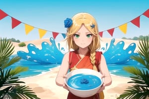 //Quality, (masterpiece), (best quality), 8k illustration,
//Character,
1girl , solo, 

 ,,Laykus, long hair, blonde hair, green eyes, hair ornament, one-sided big braid hair, one blue rose on her head,Songkran Festival,

water splash, water festival, water gun, sand castle, water bucket, golden pagoda, golden temple, festival flags, effect of flowing water, colorful style, Thailand decoration, colorful swimming glasses,

joyfully splashing water during the Songkran festival, capturing the vibrant atmosphere of celebration.