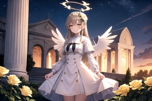 //Quality,
masterpiece, best quality
,//Character,
1girl, solo
,//Fashion,
,//Background,
night, Rose garden
,//Others,
 yellow roses, 1girl, light brown hair, white dress,nagisadef, halo, medium breast, very long hair, yellow eyes, two angel wings, systemic two wings, equal size two wings, 