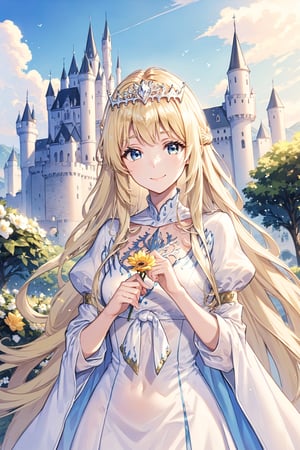 solo, looking at viewer, smile, ,  upper body, female focus, , holding flower, 1girl, solo, Calca, Calca Bessarez, blonde hair, extremely long hair, very long hair, white tiara, white dress, blue eyes, medium chest, castle background, beautiful scenery