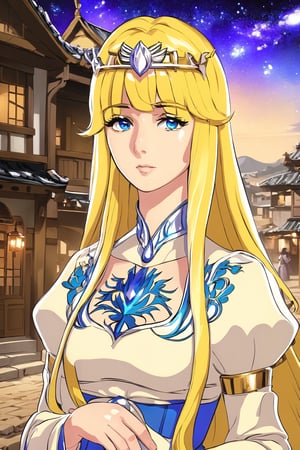  In ancient western town ,,thin cheeks starry,, 1girl, solo, Calca, Calca Bessarez, blonde hair, (extremely long hair:1.3), very long hair, white tiara, blue eyes, medium chest,