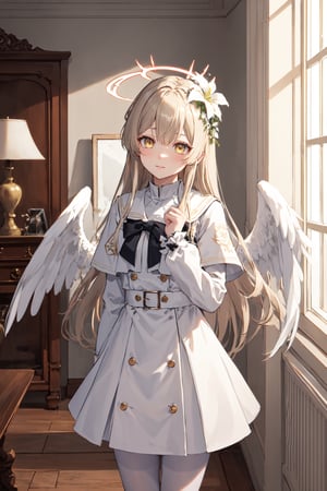  best quality, highres, , halo, long hair, hair flower, angel wings, white wings, low wings, angel wings, , , black bow, , white dress, long sleeve, pantyhose, , , cowboy shot, capelet, ,, indoor, in luxurious room, living room, window, day light,nagisadef, dark yellow eyes, close up, face focus