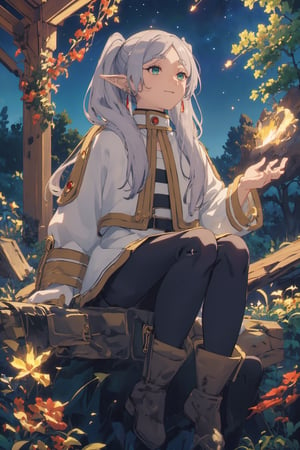 ((medium shot)), Highly detailed, high quality, masterpiece, beatiful, intricate details, cinematic lighting , expressive eyes, perfect face, face looking at viewer, flying, sitting, full body, pikkyfrieren, (slightly smiling with closed mouth), (frieren, green eyes, grey hair, parted bangs, long hair, twintails, pointy ears, dangle red earrings, black pantyhose, brown boots), (anti-gravity in the air), forests, ((night)), ((starry sky)), (shooting stars), comet,