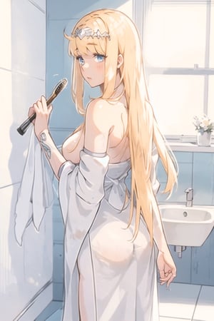 1girl,solo, white towel, in bathroom,,turn around,looking back, Brush up, bare_shoulder, open_neck, naked

 , Calca, calca, blonde hair, long hair, medium chest, extremely long hair, very long hair, extra long hair, white tiara, blue eyes, Calca Bessarez, medium breast,