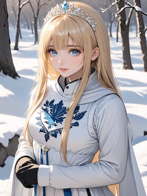 //Quality,
photo r3al, detailmaster2, masterpiece, photorealistic, 8k, 8k UHD, best quality, ultra realistic, ultra detailed, hyperdetailed photography, real photo
 cowboy_shot, looking_at_viewer
outdoors, winter, snow, 1girl, solo, Calca, Calca Bessarez, blonde hair, (extremely long hair:1.3), very long hair, white tiara, white dress, blue eyes, medium chest,blunt bangs